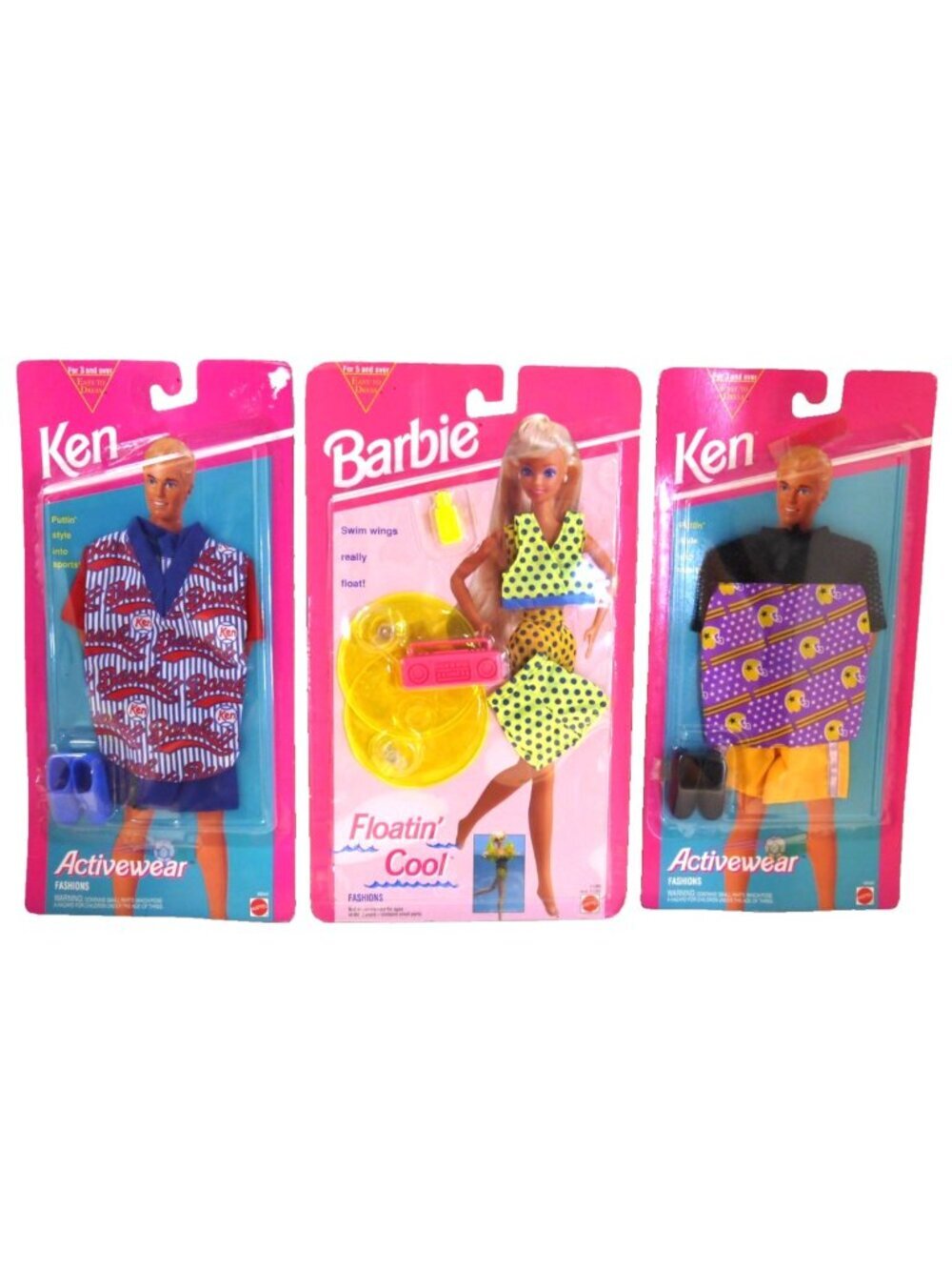 Vintage Barbie, Ken activewear beach clothes Arcotoys Mattel 1993, set of 3 New
